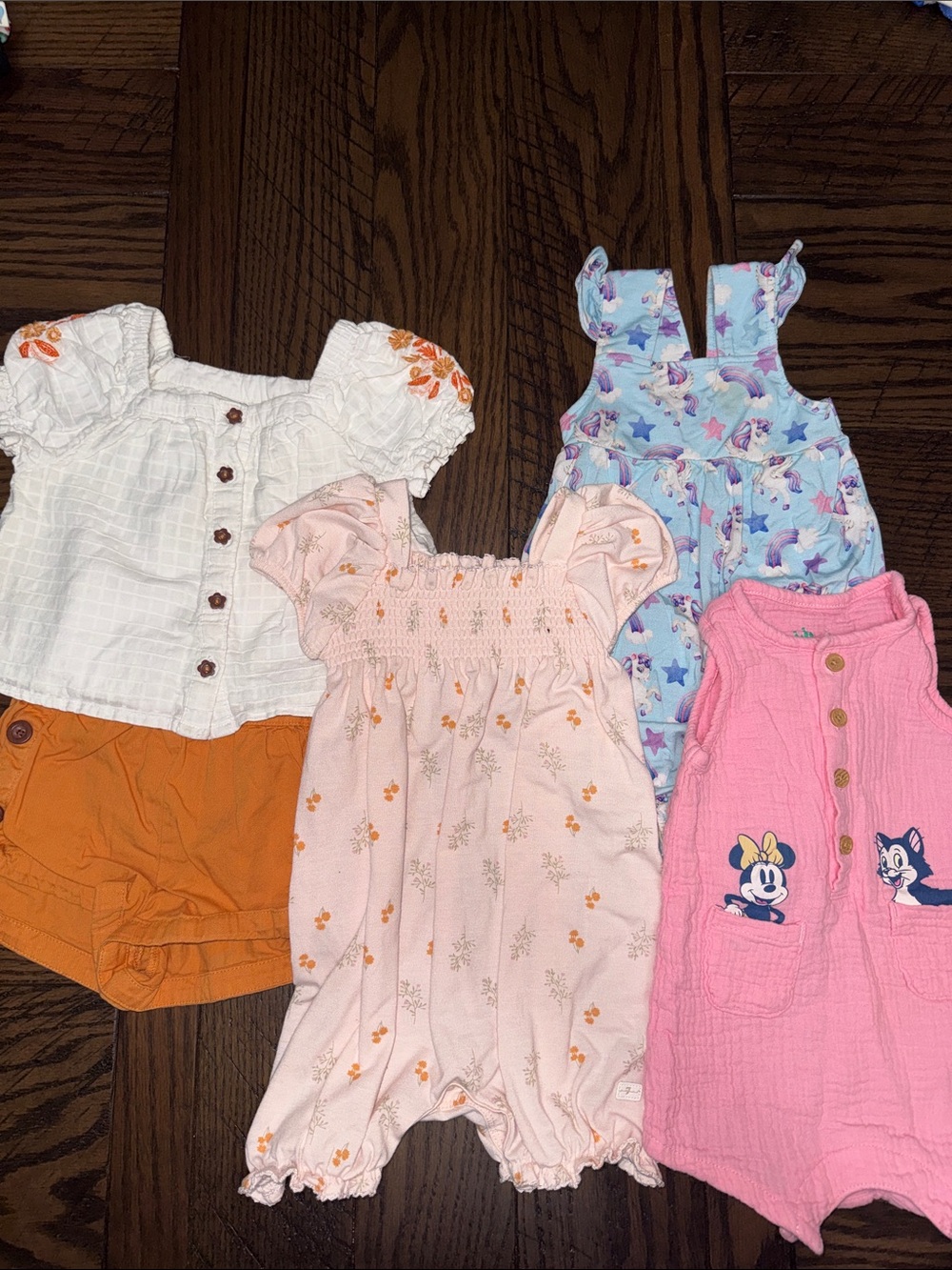 12m Romper lot- White, Orange, Pink, Light Blue